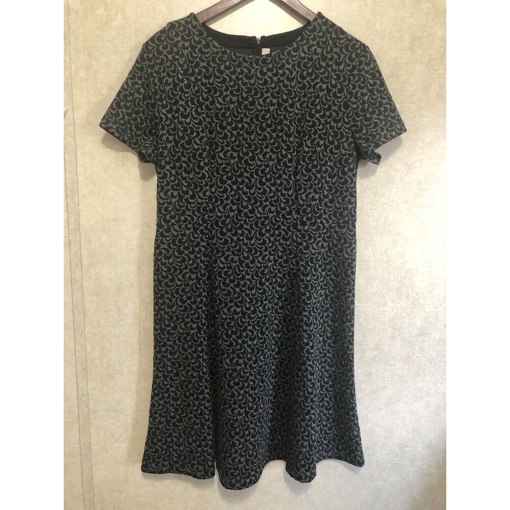 Ann Taylor LOFT Black Gray Leafy Pattern Knit Tunic Dress L EUC *see description